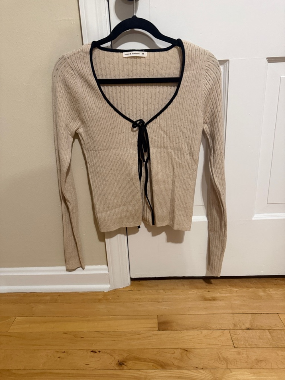 Neutral Ribbed Tie-Front Cardigan with Black Trim
